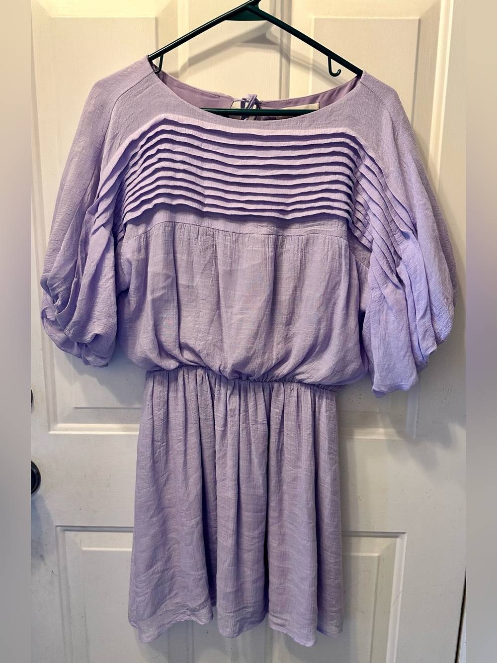 La Lavon Lavender Pleated Pin Tuck Puff Sleeve Boho Mini Dress